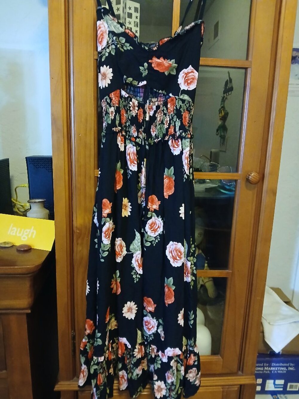 Garden PARTY dress FLORAL design. SZ Xsmall Black with roses/cut out under chest